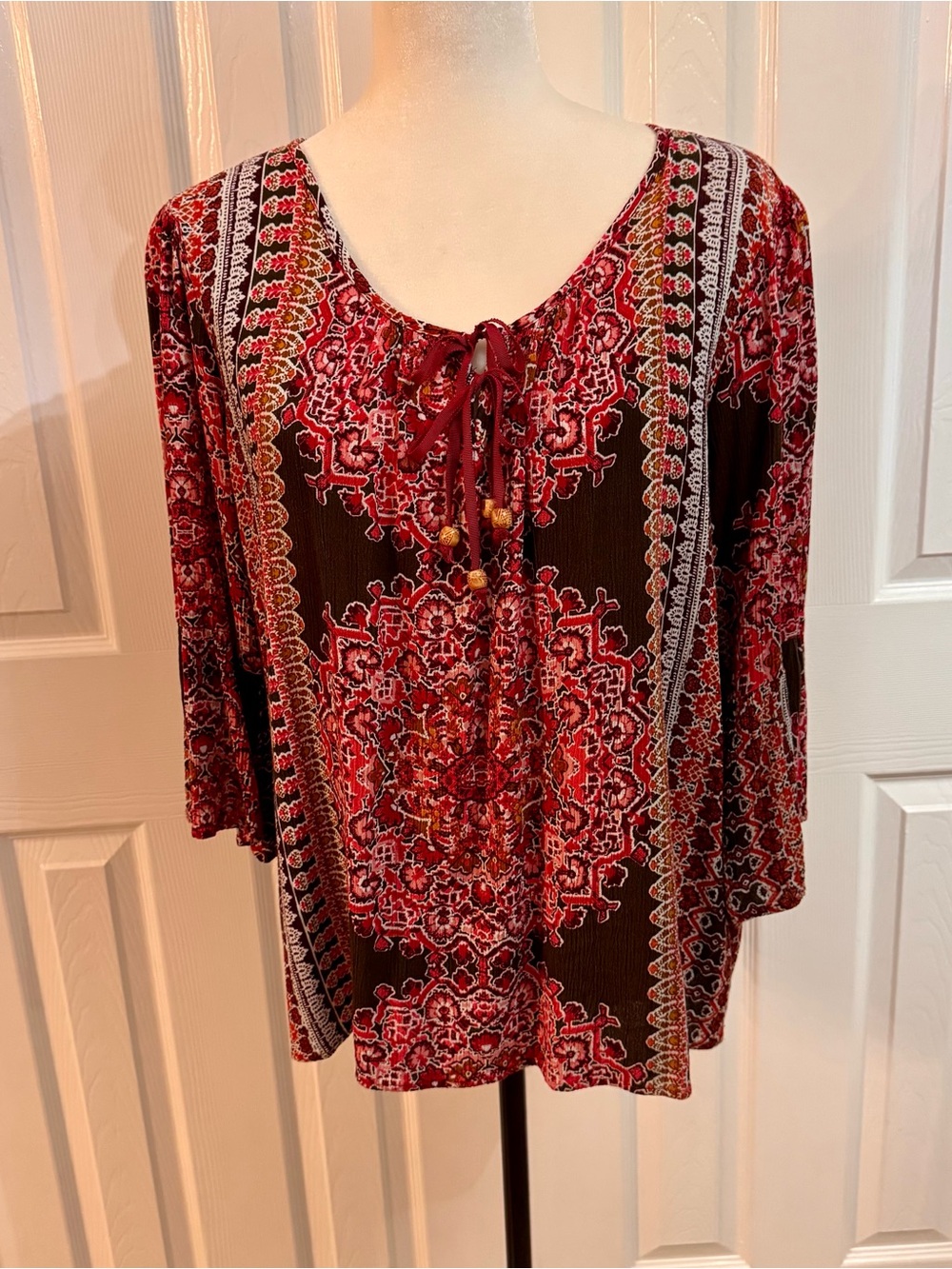 Boho Red Patterned Tie-Neck Tunic Top